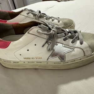 Golden Goose White and Silver Sneakers with Pink Detail